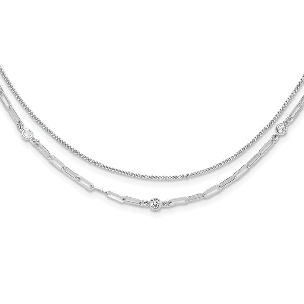 Sterling Silver Rhodium-plated CZ 2 Strand 17in w/2in ext. Necklace