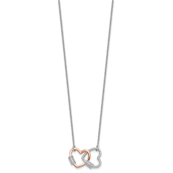 Sterling Silver Rh-plated Rose-tone Double Heart CZ w/2in ext Necklace