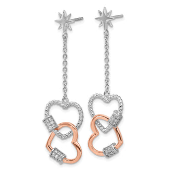 Sterling Silver Rhodium-plated Rose-tone CZ Hearts Dangle Post Earrings