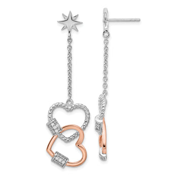 Sterling Silver Rhodium-plated Rose-tone CZ Hearts Dangle Post Earrings
