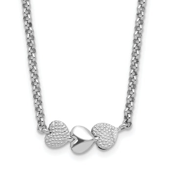 Sterling Silver Rhodium-plated Textured Heart Stations 24in Necklace