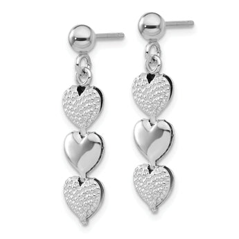Sterling Silver Rhodium-plated Textured Hearts Post Dangle Earrings