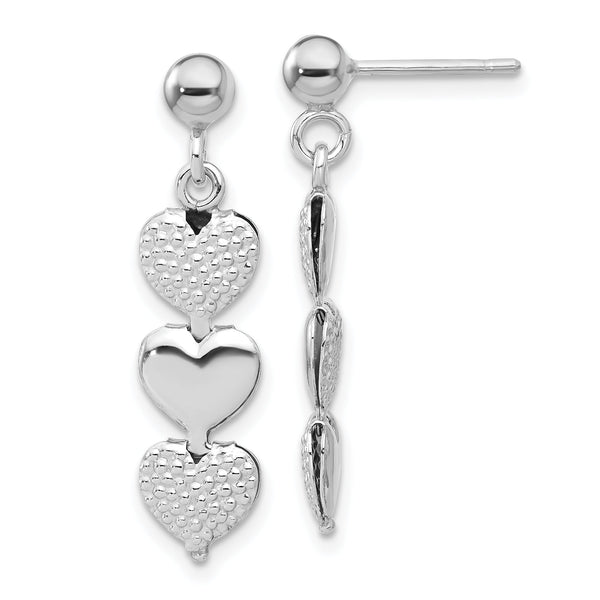 Sterling Silver Rhodium-plated Textured Hearts Post Dangle Earrings