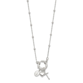 Sterling Silver Heart/Miraculous Medal/Cross Charm 18in Necklace