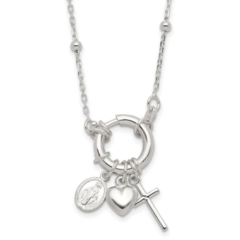 Sterling Silver Heart/Miraculous Medal/Cross Charm 18in Necklace