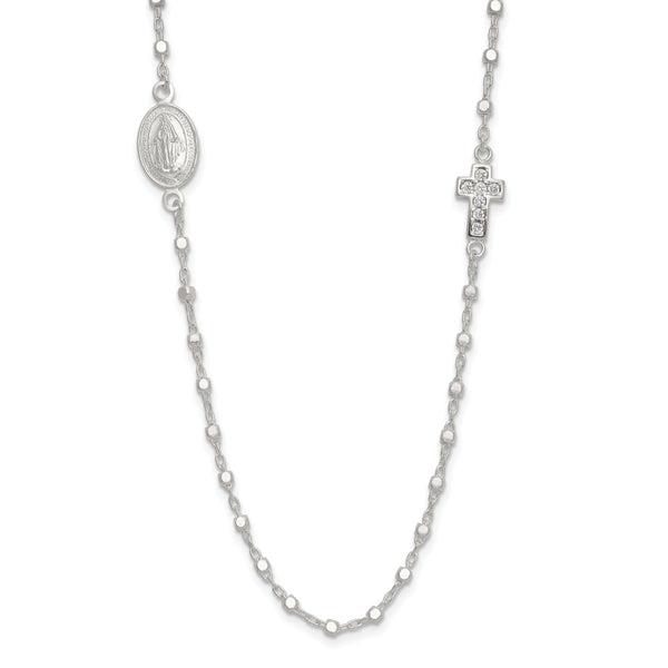 Sterling Silver Polished with CZ Cross and Miraculous Medal 18in Necklace