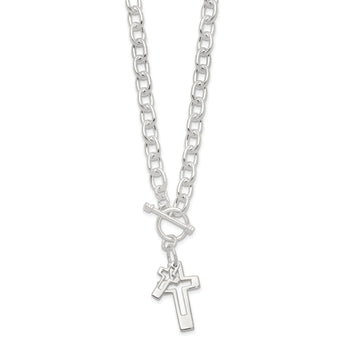 Sterling Silver E-Coated Double Open Cross Toggle 18in Necklace