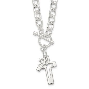 Sterling Silver E-Coated Double Open Cross Toggle 18in Necklace
