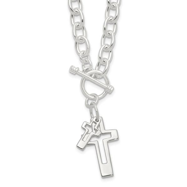Sterling Silver E-Coated Double Open Cross Toggle 18in Necklace