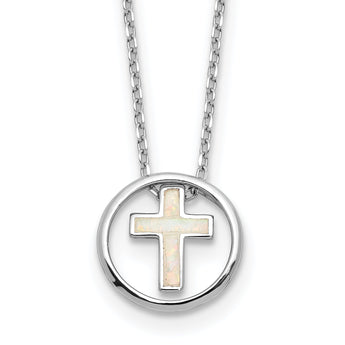 Sterling Silver RH-plated Created Opal Inlay Cross 16in w/2in ext Necklace