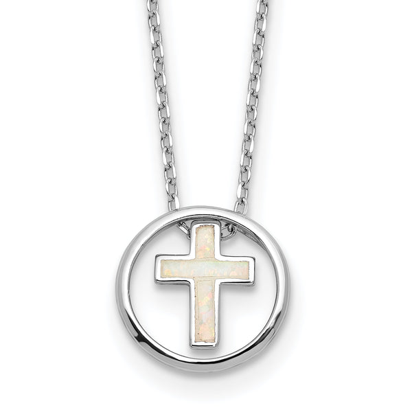 Sterling Silver RH-plated Created Opal Inlay Cross 16in w/2in ext Necklace