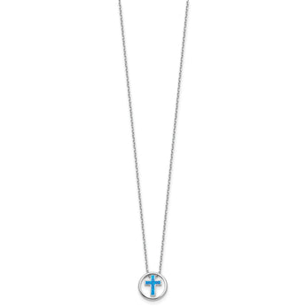 Sterling Silver RH-plated Blue Cr. Opal Inlay Cross 16in w/2in ext Necklace