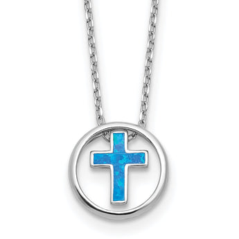 Sterling Silver RH-plated Blue Cr. Opal Inlay Cross 16in w/2in ext Necklace