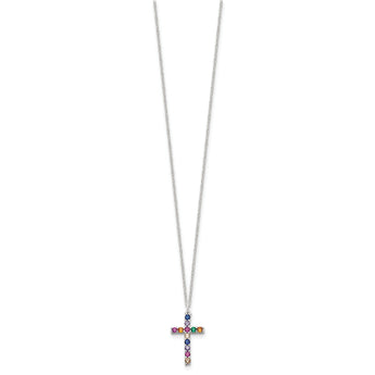 SS Multi Color E-Coating CZ Cross 16in w/2in ext Necklace