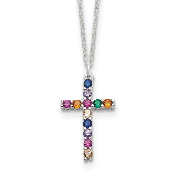 SS Multi Color E-Coating CZ Cross 16in w/2in ext Necklace