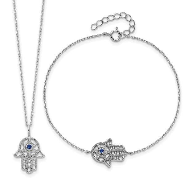 Sterling Silver RH-plate Cr.Blue Spinel and CZ Hamsa Bracelet/Necklace Set - Birthstone Company
