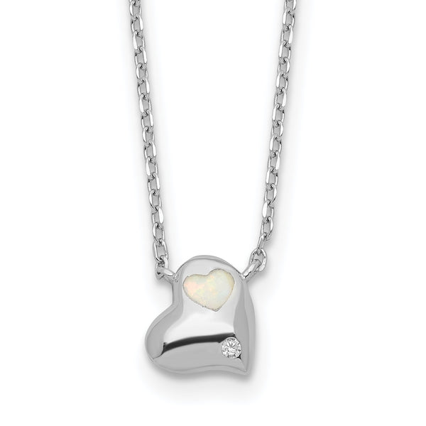 Sterling Silver RH-plated Created Opal Inlay CZ Heart w/2in ext Necklace