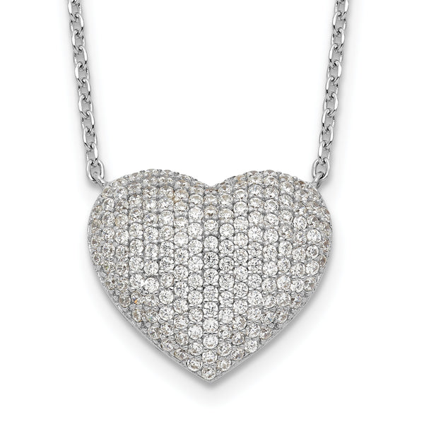 Sterling Silver Rhodium-plated Pave CZ Heart Necklace 18 in - Birthstone Company