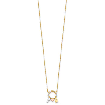 Sterling Silver Rhod-plated Gold/Rose-tone CZ Key/Lock/Heart w/2In Ext Neck - Birthstone Company