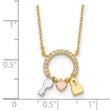 Sterling Silver Rhod-plated Gold/Rose-tone CZ Key/Lock/Heart w/2In Ext Neck - Birthstone Company