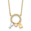 Sterling Silver Rhod-plated Gold/Rose-tone CZ Key/Lock/Heart w/2In Ext Neck - Birthstone Company