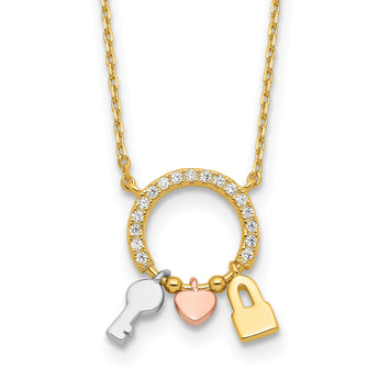 Sterling Silver Rhod-plated Gold/Rose-tone CZ Key/Lock/Heart w/2In Ext Neck - Birthstone Company