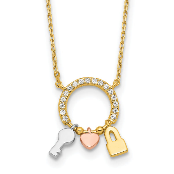 Sterling Silver Rhod-plated Gold/Rose-tone CZ Key/Lock/Heart w/2In Ext Neck - Birthstone Company