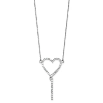 Sterling Silver Rh-plated Polished CZ Dangle Heart w/ 2.25in ext. Necklace