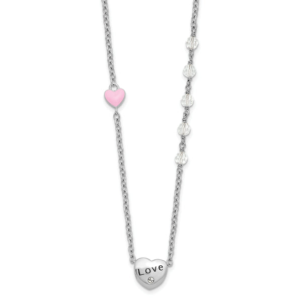 Sterling Silver Rh-plated Crystal and Enamel LOVE w/1in ext Child Necklace