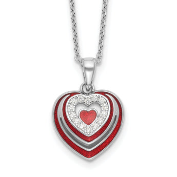 Sterling Silver Rh-plated CZ and Red Enamel Heart w 1/in. ext Necklace