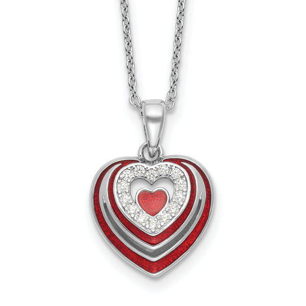 Sterling Silver Rh-plated CZ and Red Enamel Heart w 1/in. ext Necklace