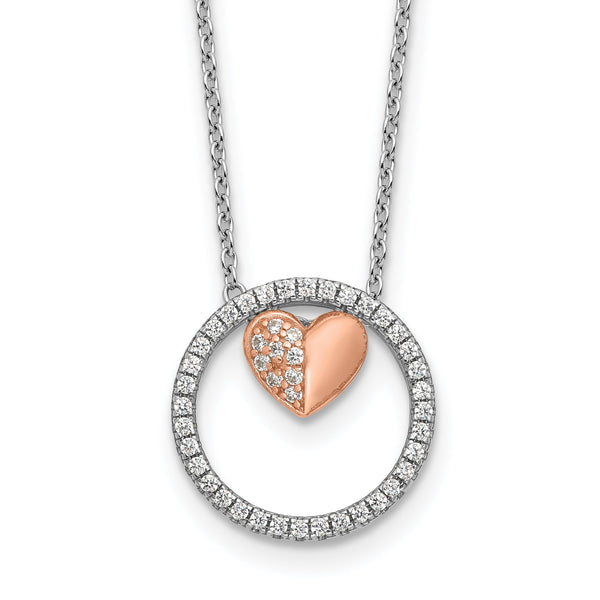 Sterling Silver Rh-plated Rose-tone CZ Heart  w/1in ext Necklace