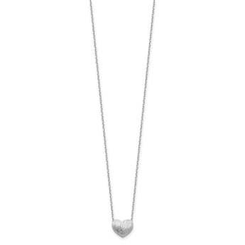 Sterling Silver Rho-plated  Brushed Heart 16.5in w/1in ext Necklace