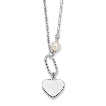 Sterling Silver Rhodium-Rhodium-Plated Glass Pearl/Heart 16in w/2 in ext Necklace - Birthstone Company