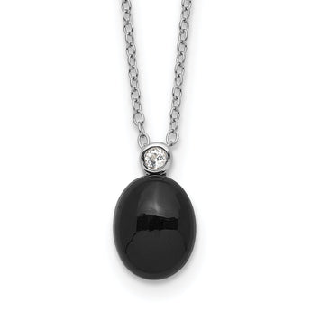 Sterling Silver Rh-plated Onyx and .05WT White Topaz w/2in ext Necklace