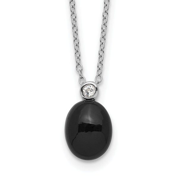 Sterling Silver Rh-plated Onyx and .05WT White Topaz w/2in ext Necklace