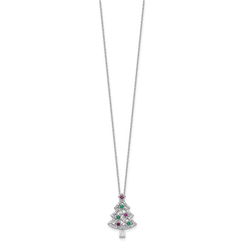 Sterling Silver RH-plated Multi Color CZ Christmas Tree w/2in ext Necklace