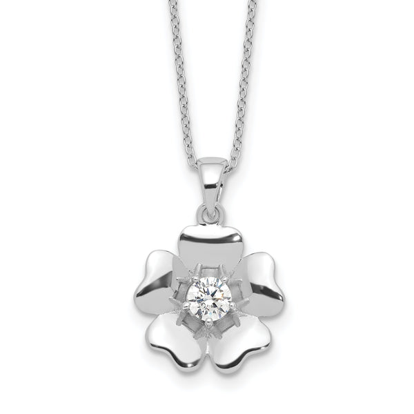Sterling Silver Rhodium-plated CZ Flower 16in w/2in ext. Necklace