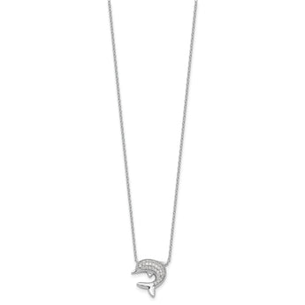 Sterling Silver Rhodium-plated Polished CZ Dolphin 18 inch with 2 inch extention Necklace