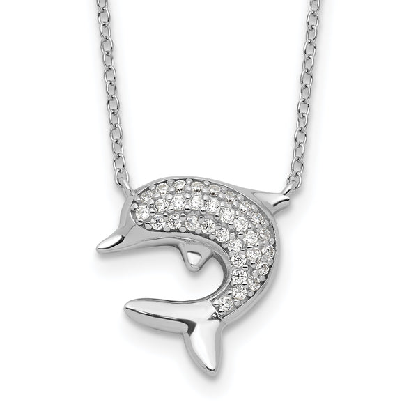 Sterling Silver Rhodium-plated Polished CZ Dolphin 18 inch with 2 inch extention Necklace