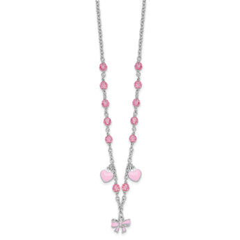 Sterling Silver Rhodium-plated Polished Pink Enamel & Crystal Hearts & Bow w/ 1 inch Extension Children's Necklace