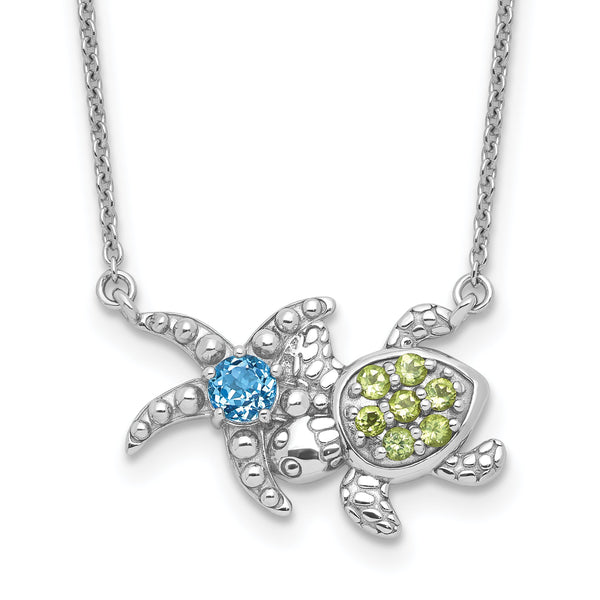 Sterling Silver Rh-pl Peridot and Lt Swiss Blue Topaz Turtle Starfish Neckl