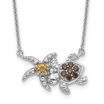 Sterling Silver Rhodium Smoky Quartz and Citrine Turtle 18.75in Necklace