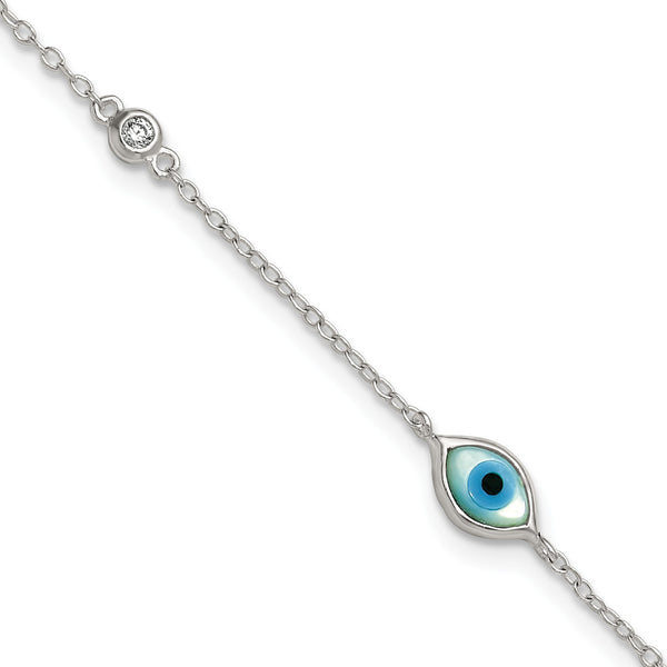 Sterling Silver Polished CZ and Mother of Pearl Evil Eye 6.75 Inch with 0.5 Inch Extension Bracelet - Birthstone Company
