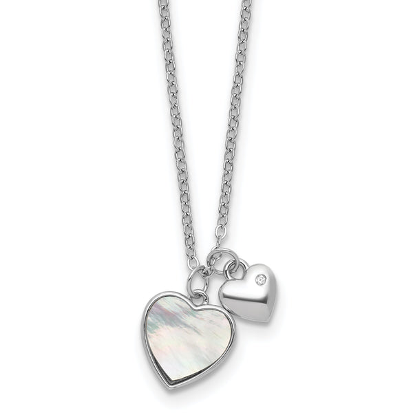 Sterling Silver Rhodium-plated Polished Mother of Pearl and CZ Hearts 14 Inch with 3 Inch Extension Children's Necklace