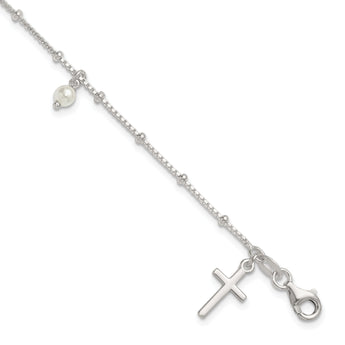Sterling Silver Polished and Beaded with Glass Pearls and Cross Charm 7.5 inch Bracelet