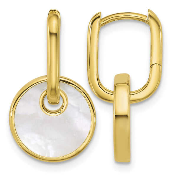 Sterling Silver Gold-plated Polished Mother of Pearl Circle Drop Hinged Hoop Earrings - Birthstone Company