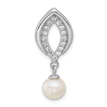 Sterling Silver Rhodium-plated Polished CZ and 6-7mm Freshwater Cultured Pearl Dangle Chain Slide Pendant