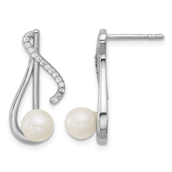 Sterling Silver Rhodium-plated Polished CZ and 5-6mm Freshwater Cultured Pearl Swirl Post Earrings - Birthstone Company