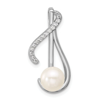 Sterling Silver Rhodium-plated Polished CZ and 6-7mm Freshwater Cultured Pearl Swirl Chain Slide Pendant